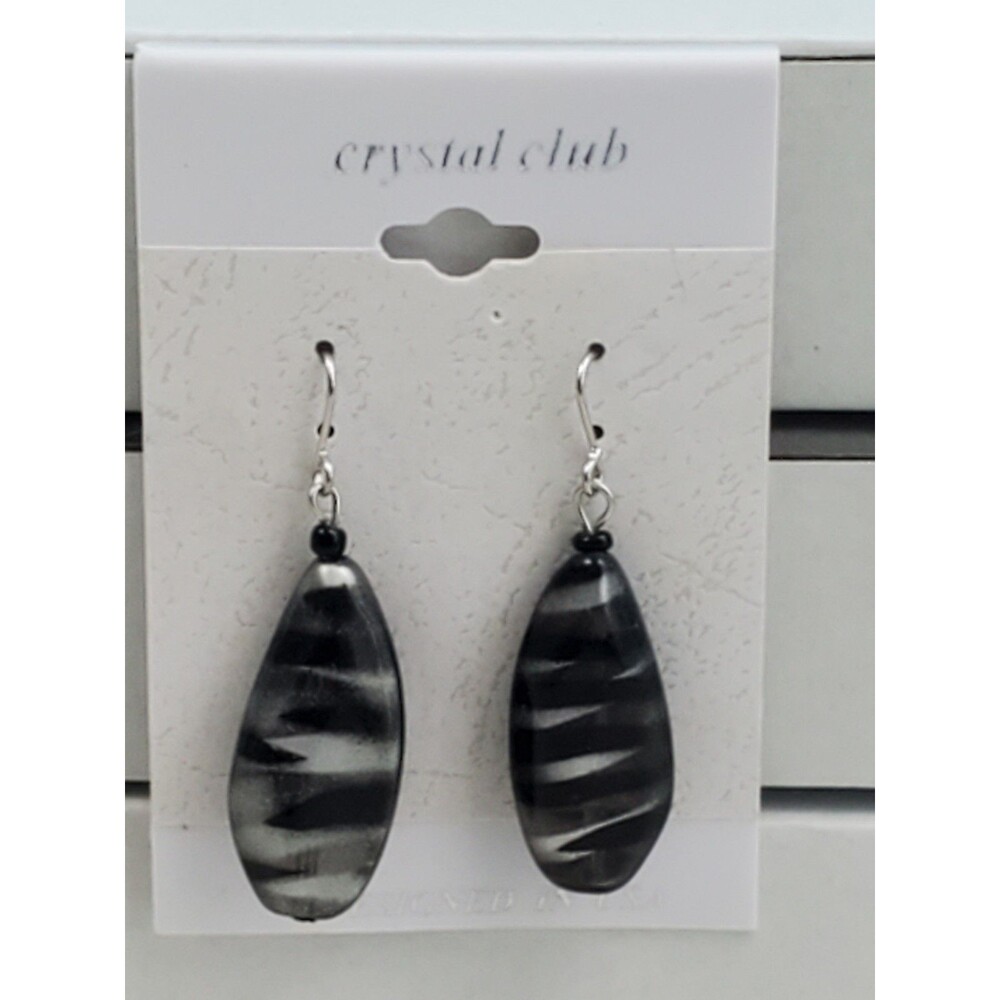 Crystal Club Black Silver Swirl Teardrop Dangle Earrings Striped Drop Hook